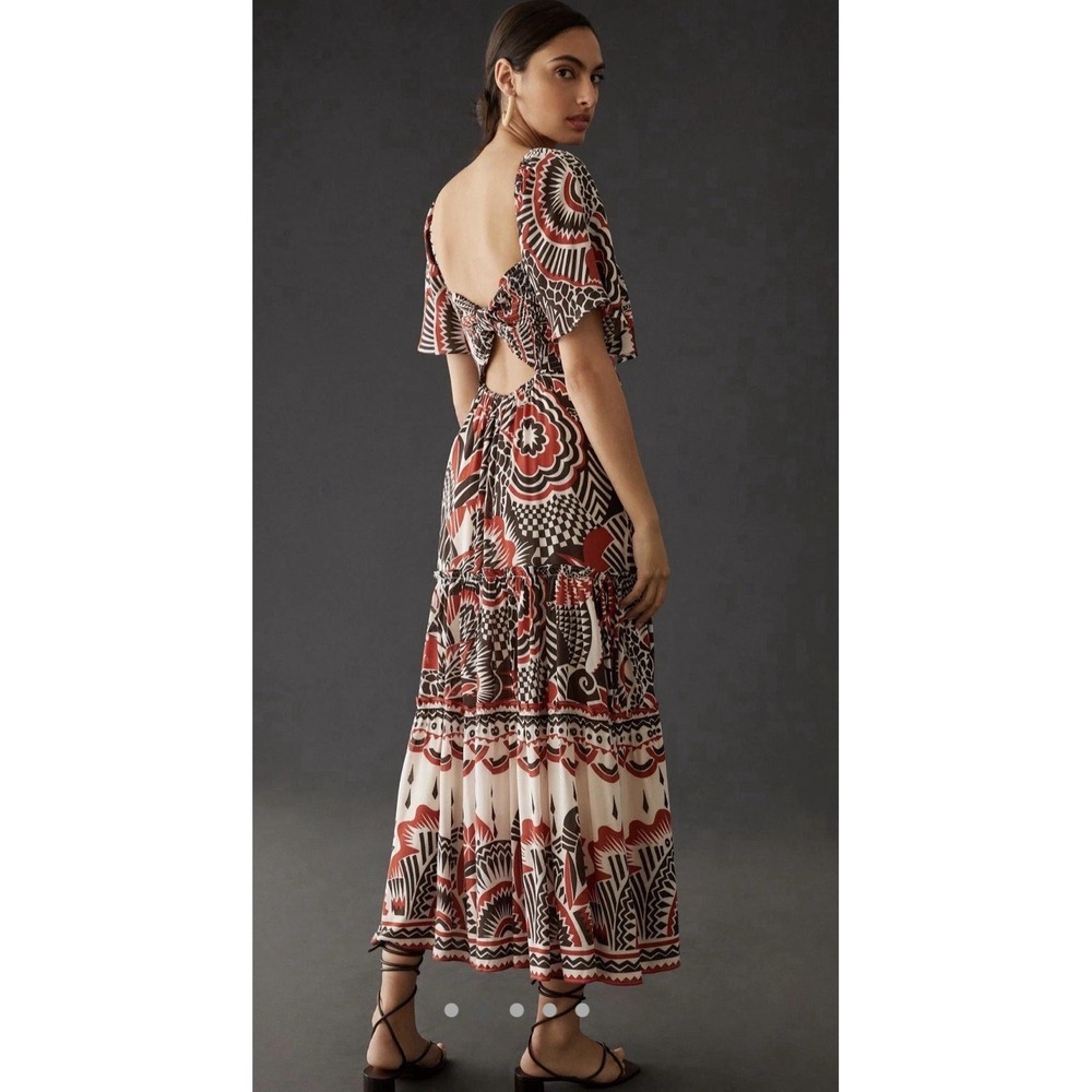 Anthropologie Tiered Maxi Dress Red‎ Black Multicolor Open Back Flowy size LG - Picture 2 of 15